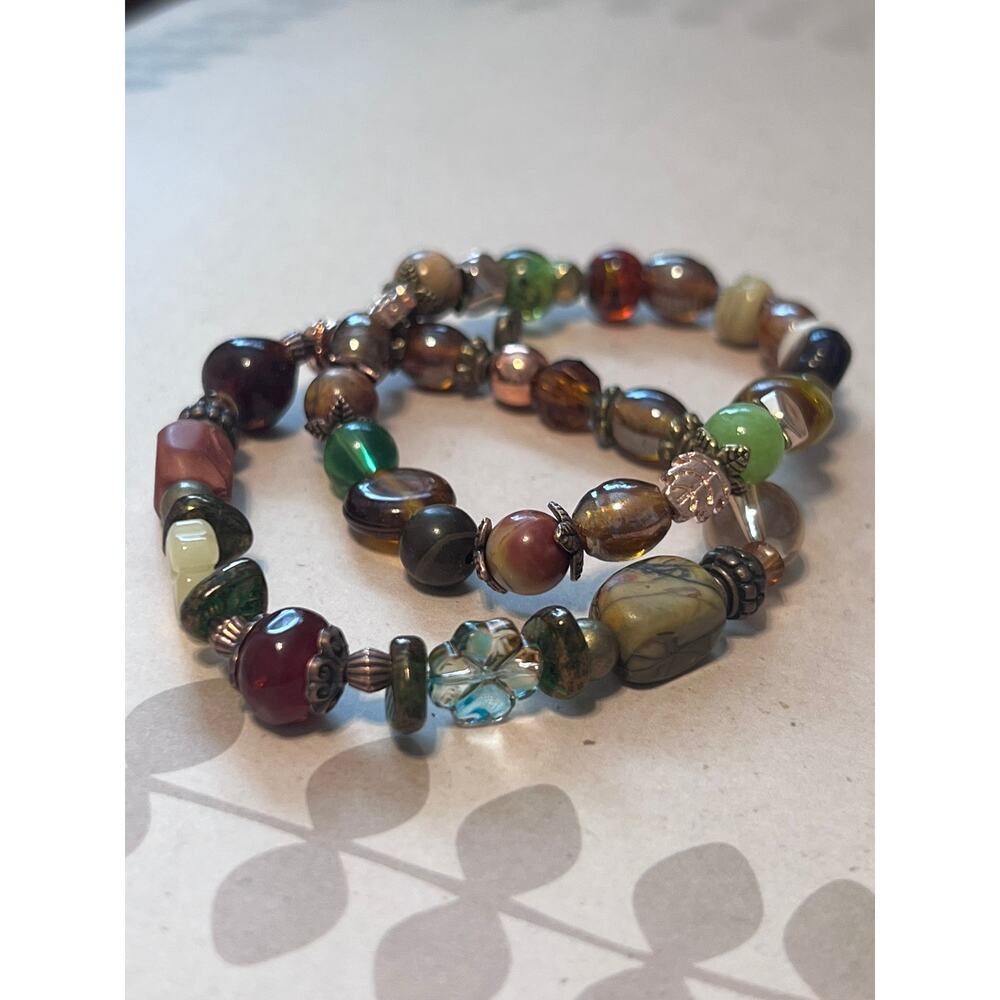 Handcrafted Natural Stone & Glass Bead Jewelry Earth Tone Fall Stretchy Eclectic
